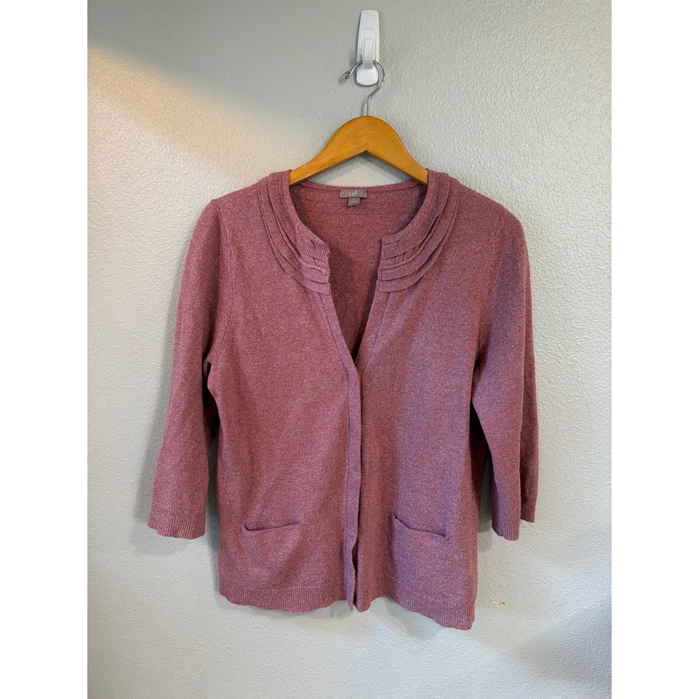 J. Jill Cardigan Women Large Wool Silk Blend Ruffle Collar Heathered Rose Pink
